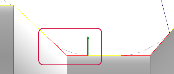 Sections of the contour where the tool is not be able to contact the part are highlighted in red